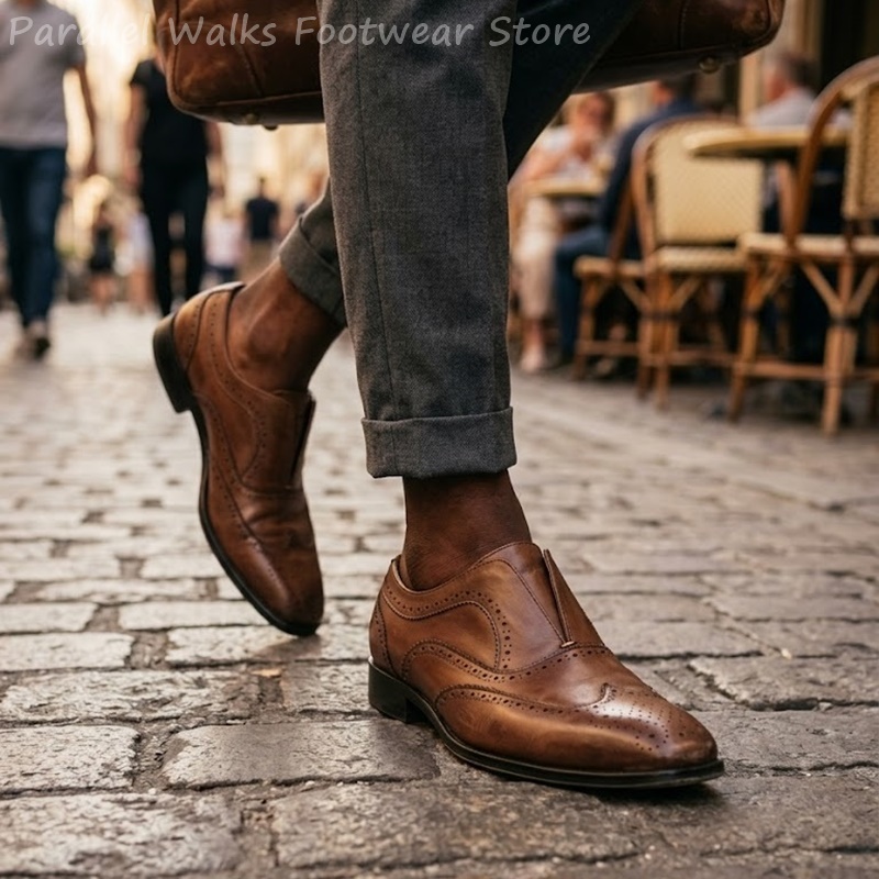 Men Shoes Oxford - Sepatu Brogue Kulit Coklat Pria Slip